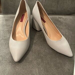 ROTCV Women's Pointed Block Heel Pumps in white iridescent